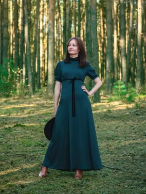 Zielona sukienka Jenny długa w stylu retro z bufkami