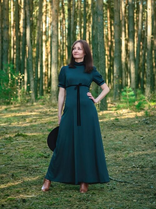 Zielona sukienka Jenny długa w stylu retro z bufkami